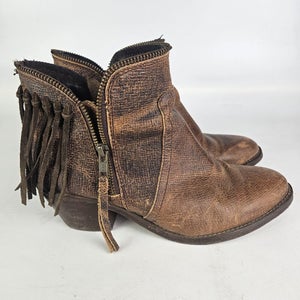 Circle G Fringe Ankle Boots Women's Size 8.5 M Zipper Brown Leather Low Top