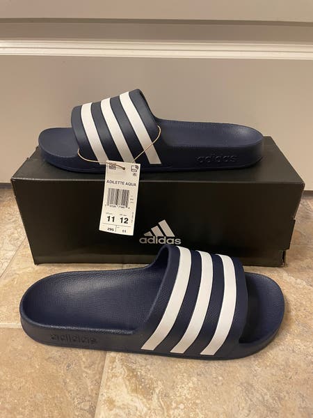 adidas Unisex Adilette Aqua Slides Sandal, Dark Blue/White/Dark Blue, 10 US‎ Men adilette Dark Blue and White Aqua Slides | Free Shipping  main image 4