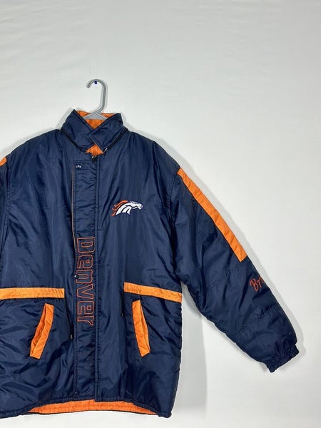 #2399 Vntg Denver Broncos Jacket Mens MediumBlue Orange Embroidered without hood