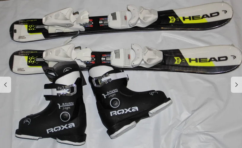 NEW 77cm HEAD Supershape team kids skis + bindings 4.5 + ROXA boots 14.5 mondo set