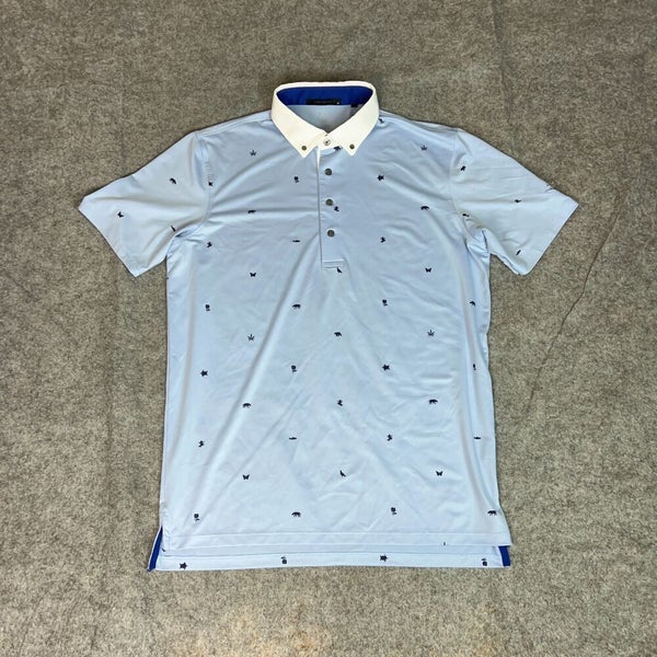 Greyson Mens Shirt Medium Blue White Polo Golf Performance Sports Outdoor Logo