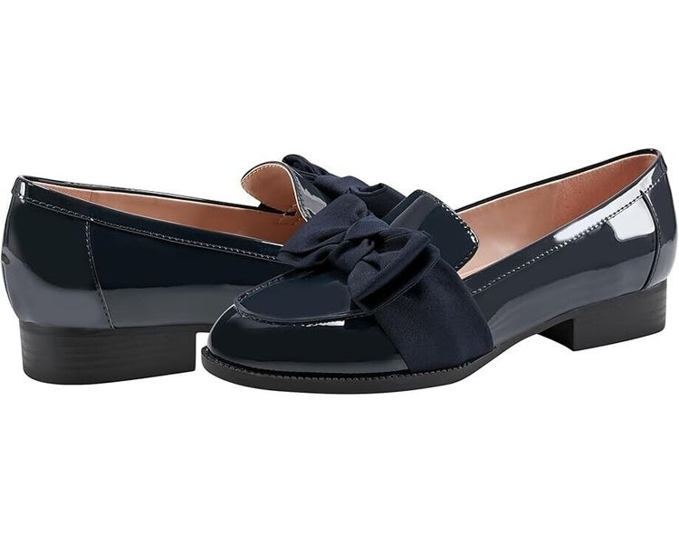Bandolino Lindio Loafer Women's US 7 Navy Leather Bow Detail Block Heel P122