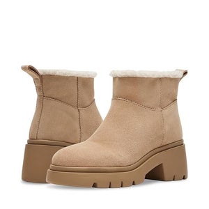Steve Madden Hatcher Bootie Womens 7.5 Tan Suede Faux Fur Collar Ankle Boots P64