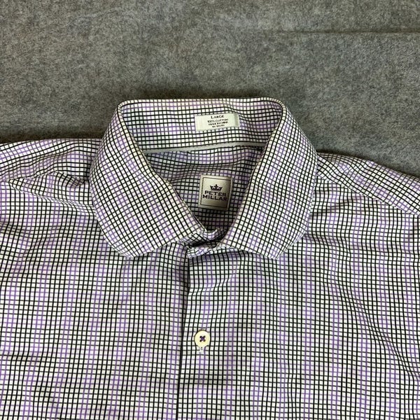 Peter Millar Mens Shirt Large Purple Black Plaid Golf Office Work Cotton Day