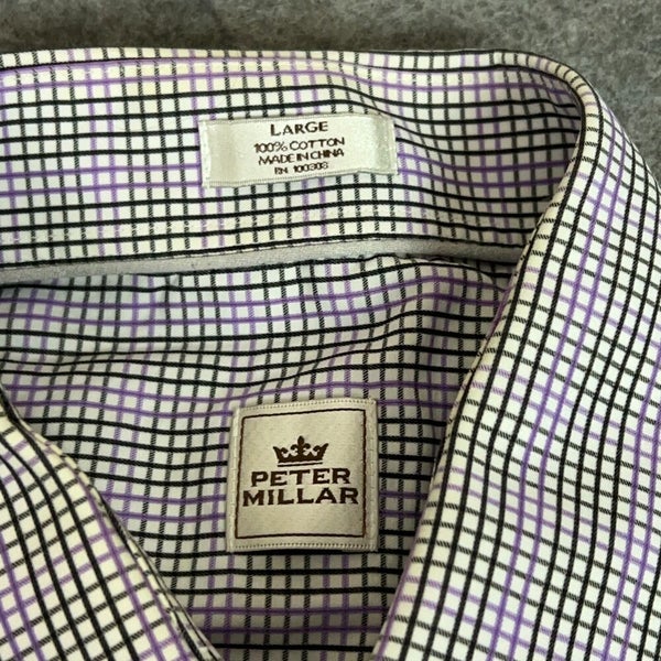Peter Millar Mens Shirt Large Purple Black Plaid Golf Office Work Cotton Day