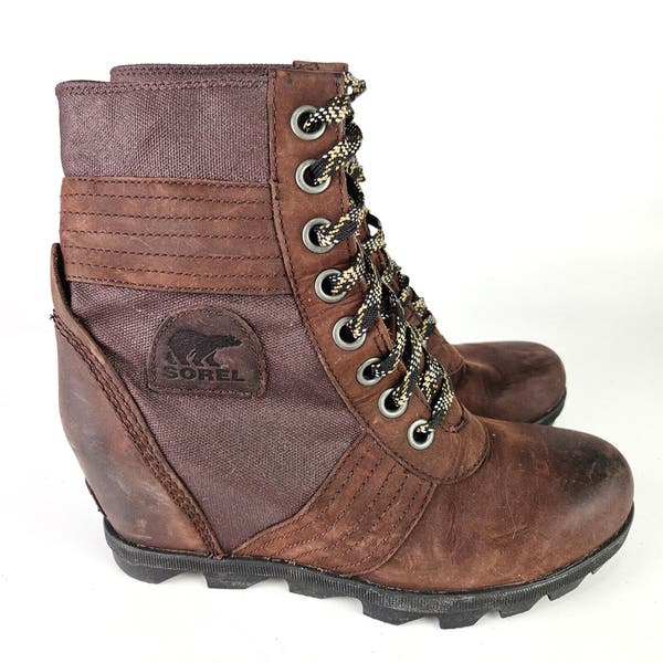 Sorel Lexie Lace Up Wedge Redwood Leather Winter Snow Boots