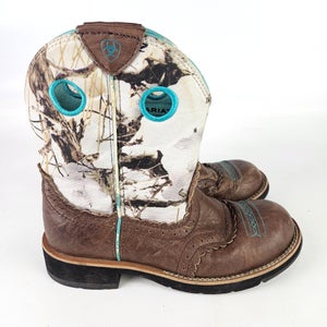 Ariat Fatbaby Women Size: 7B White Camo Brown Leather Stockman Cowboy Boots
