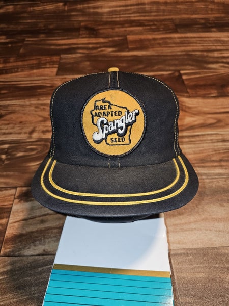 Vintage K Products Spangler Seeds Farming Patch Hat Cap Vtg Black Snapback