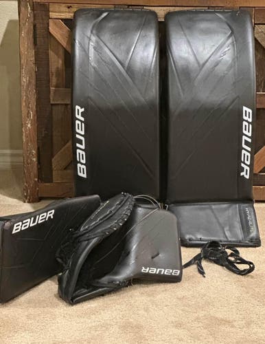 BAUER Hyperlite Hockey Goalie Pads, Size 34+ (M) Black, with matching blocker and glove, EUC