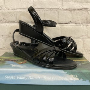 SAS Adult Womens Strippy Patent 2134 Quarter Strap Black Casual Wedge Sandal NIB
