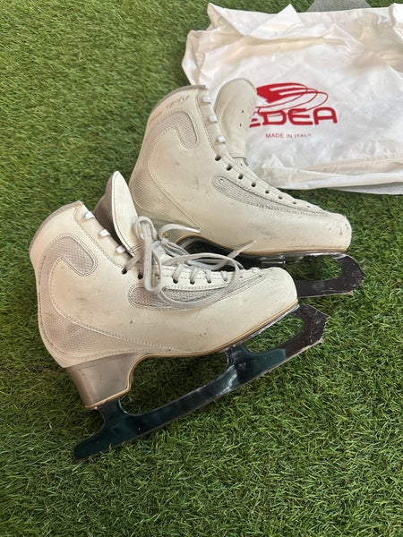 White 250 EDEA Ice Fly Figure Skates w/ John Wilson Gold Seal blades (Used)