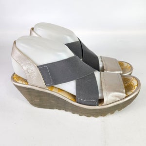 Fly London Yaji Sandals Womens 40 / 9 Silver Gray Leather Strappy Platform Wedge