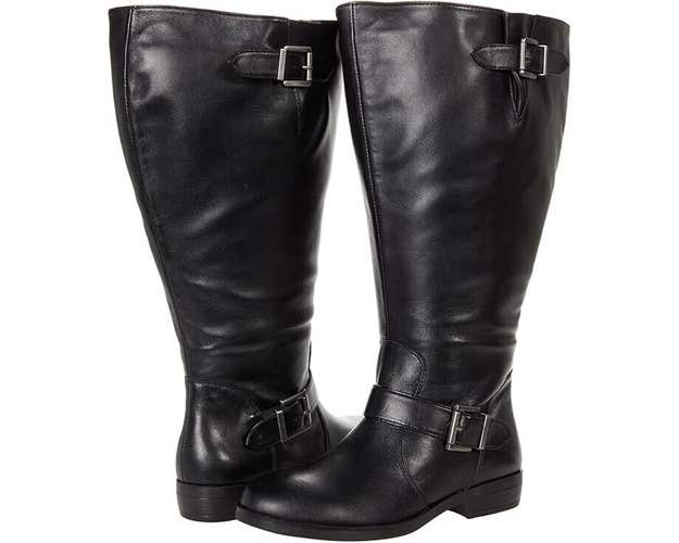 David Tate Boost Women's 11 Black Leather Side Zipper Mid-Calf Buckle Boots P413