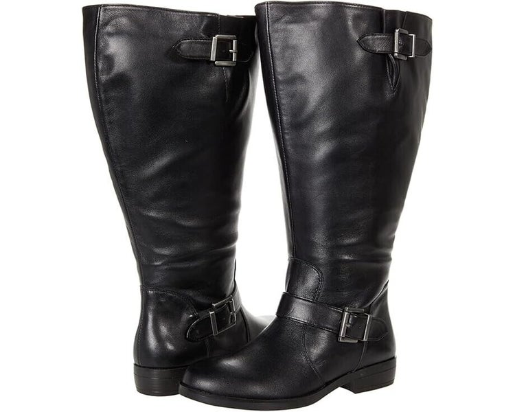David Tate Boost Women's 11 Black Leather Side Zipper Mid-Calf Buckle Boots P413