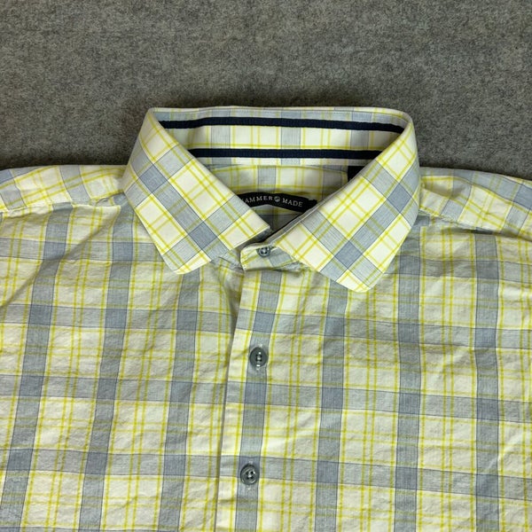 Hammer Made Mens Shirt 44 17.5 Yellow Blue Button Dress Formal Work Corp Cotton