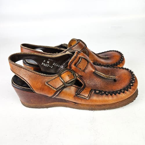 Vintage Womens Brown Leather Slingback Wedge Clogs Shoes Size: 5M