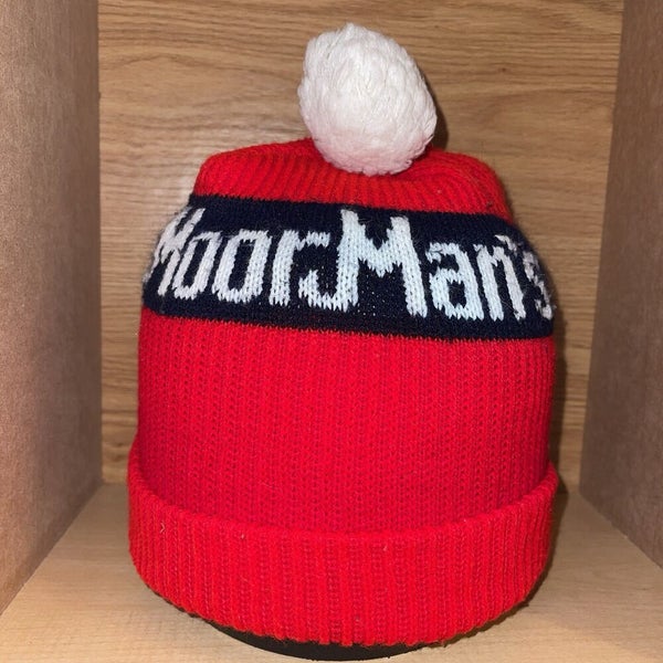 Vintage MoorMan's Feed Red Knit Pompom Beanie Cap Advertising Hat