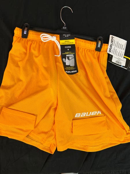 Bauer Youth Core Mesh Jock Shorts - With Cup, Moisture Wicking, Sock Adjusters, Orange Small