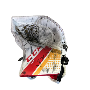 CCM Extreme Flex 5 - Used AHL Pro Stock Goalie Glove - Oscar Dansk (White/Red/Yellow)