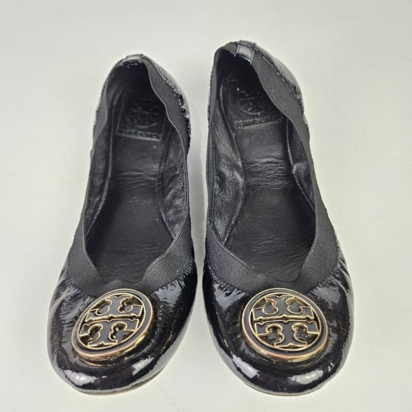 TORY BURCH Reva Black Patent Leather Ballet Flat Shoes Size 7.5 M