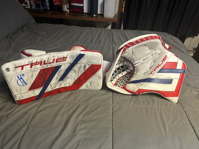 Samuel Montembeault Game Used Signed Glove and Blocker. Montreal Canadiens