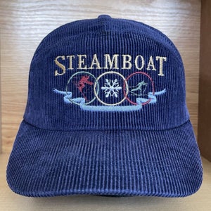 Vintage Steamboat Corduroy Rope Strap Back Hat Colorado Ski Resort Blue Cap Rare