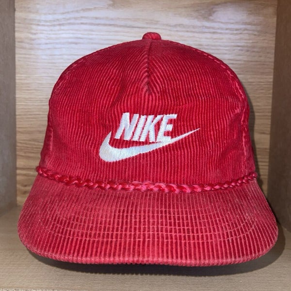 Vintage 80s NIKE Corduroy Snapback Hat Cap Red Swoosh Check Rare Trucker Rope