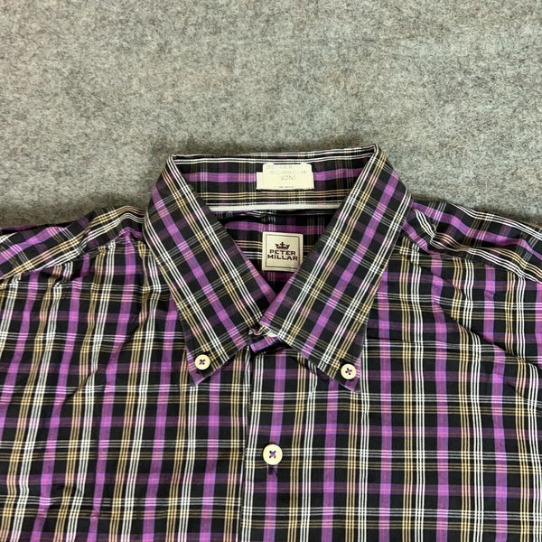 Peter Millar Mens Shirt Large Purple Golf Plaid Golf Casual Work Cotton Top