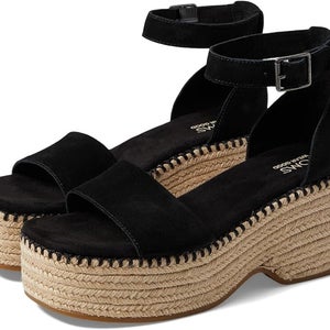 Toms Laila 10020745 Sandal Womens 9 Black Ankle Strap Wedge Heel Espadrille P476
