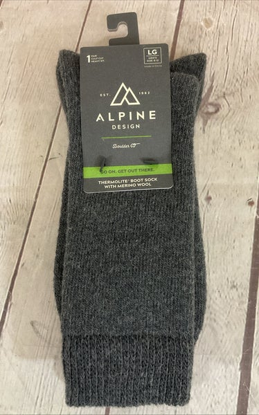 Alpine Design Thermolite Boot Merino Wool Socks Calf Cut Grey Mens Large Sz 8-12