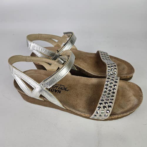NAOT Lexi Silver Studded Leather Strappy Wedge Sandals Women's Size: 38 / 7