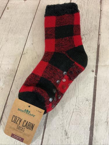 Northeast Outfitters Cozy Cabin Double-Layer Socks Red Black Plaid Youth 10K-4