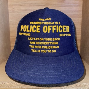Vintage 1980s Police Officer Trucker Hat Baseball Humor Funny Navy Blue Cap