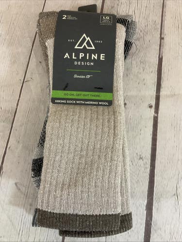 Alpine Design Crew Cut Acrylic Merino Wool Hiking Socks Tan Grey LG 8-12