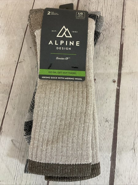 Alpine Design Crew Cut Acrylic Merino Wool Hiking Socks Tan Grey LG 8-12