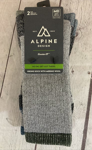 Alpine Design Crew Cut Merino Wool Hiking Socks Grey Black Blue Green MD 6-9