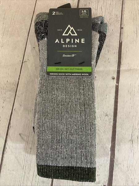 Alpine Design Crew Cut Merino Wool Hiking Socks Grey Black Blue Green LG 8-12