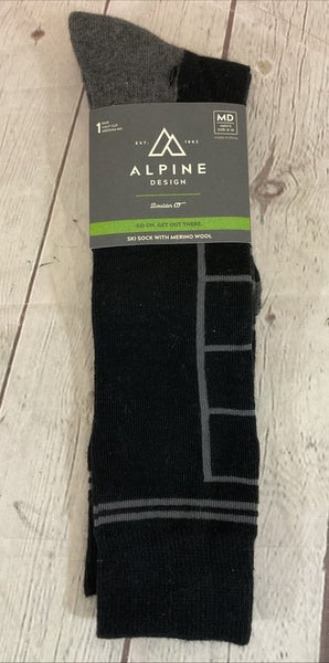 Alpine Design Calf Cut Merino Wool Ski Socks Black Grey MD 6-10