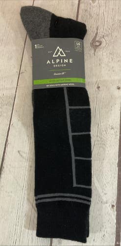 Alpine Design Calf Cut Merino Wool Ski Socks Black Grey LG 8-12