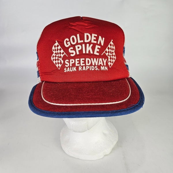 Vtg San Sun Golden Spike Speedway Snapback 3 Stripe Trucker Hat Racing