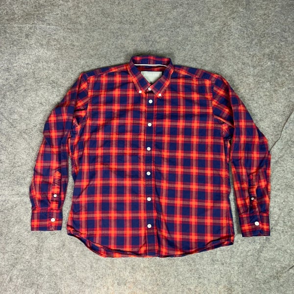 Ash and Erie Mens Shirt Large Red Blue Plaid Office Work Business Casual Preppy