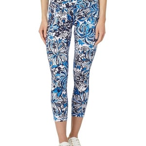 Lilly Pulitzer South Leggings Women's Large Blue Floral Skinny Leg Active QLW134