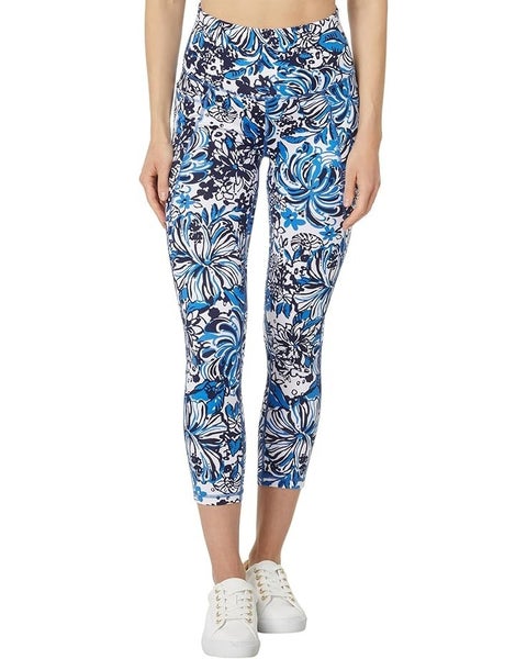 Lilly Pulitzer South Leggings Women's Large Blue Floral Skinny Leg Active QLW134