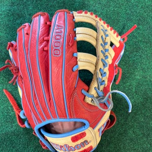 Red Tan & Sky Blue Wilson A1000 Right Hand Throw Outfield Baseball Glove 12.25" (Used)