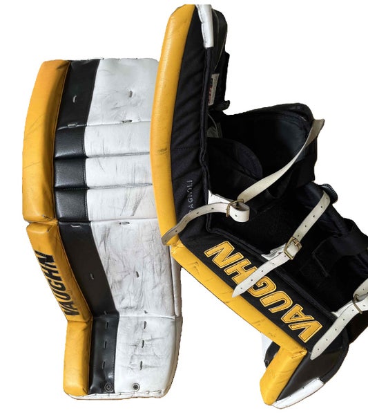 White Black Sport Gold Used Senior 34" + 2  Vaughn Velocity V7 Goalie Leg Pads