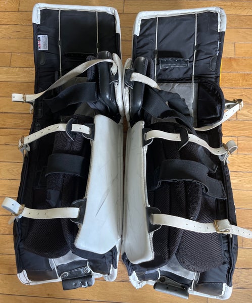 White Black Sport Gold Used Senior 34" + 2  Vaughn Velocity V7 Goalie Leg Pads