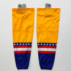 PX Gold Ice Hockey Socks with Red, White, and Blue Stripe Design