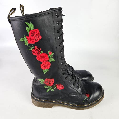 Dr. Martens Vonda Floral Rose Tall Black Leather 14 Eye Zip Boots Women US 5
