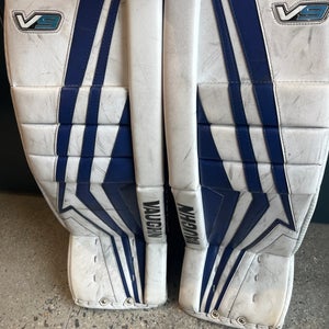 White & Blue Intermediate Vaughn Velocity V9 Goalie Leg Pads (Used) | 30"+2"
