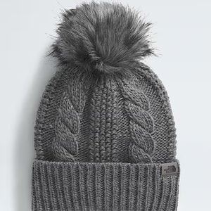 The North Face Oh Mega Beanie Hat Women's Heather Gray Cable Knit Fur Pom LW645